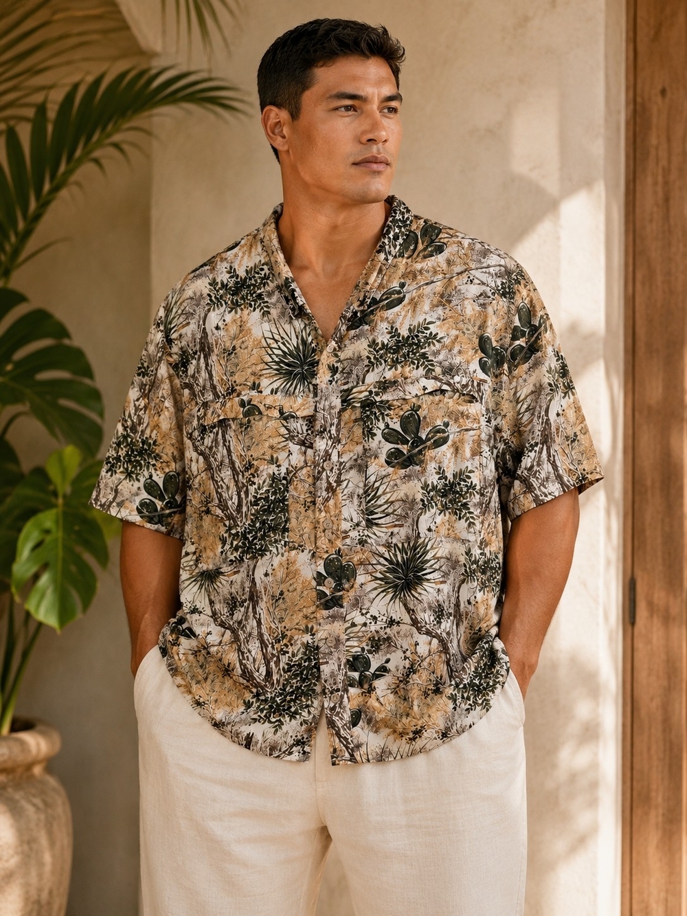 Casual Desert Print Short-Sleeve Button-Down Shirt - Beige & Green